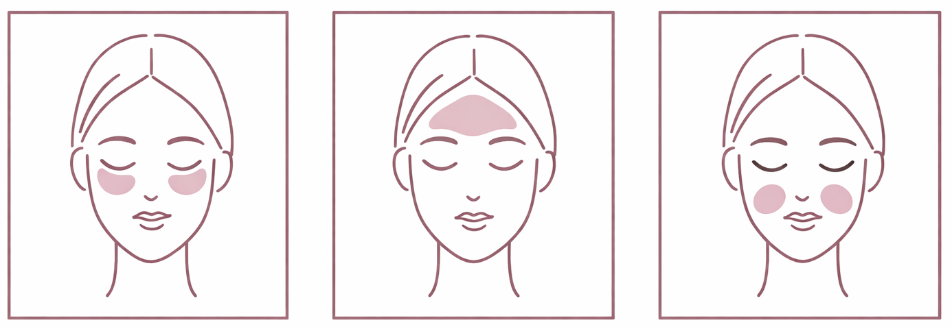 Ilustrativní znázornění použití hydrogelových patchů pod oči, na čelo a do oblasti nosoretních rýh